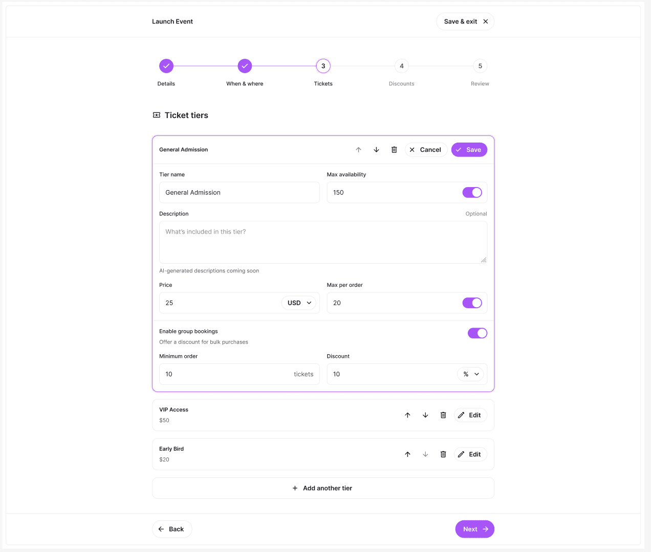 Ticket tier setup with price, capacity and group booking options